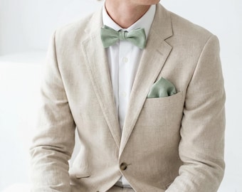 Light Sage Green Linen Bow Tie - Pocket Square Groomsmen