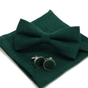 Dark emerald linen bow tie / dark emerald green linen matching necktie, pocket square, bow tie, cufflinks / Necktie boy&#39;s size adult size