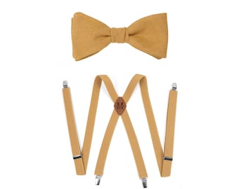 Bronze Suspenders & Linen Multi Color Bow Tie Set  | Personalized Groom Wedding Gift