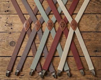 Gepersonaliseerde elastische bretels, terracotta, bruin, eucalyptusgroen, maten volwassenen en kinderen