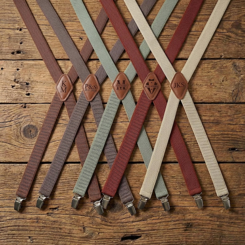 Personalized Elastic Suspenders, Terracotta, Brown, Eucalyptus Green, Adult & Kids Sizes