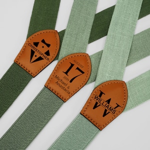 Linnengroene bretels: maten voor volwassenen en kinderen, gegraveerd leren detail