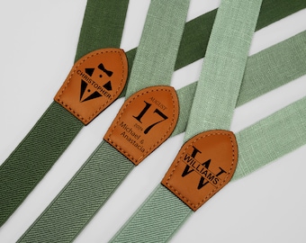 Linen Green Suspenders with Elastic Ribbon: Available in Adult and Kid Sizes, with Matching Bow Tie, Necktie, and Pocket Square.
