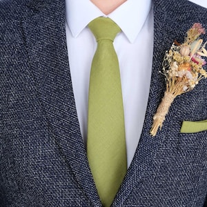 Moss Green Linen Necktie For Wedding / Boys size necktie / Green Pocket Square With Necktie / Light Green Men&#39;s Necktie