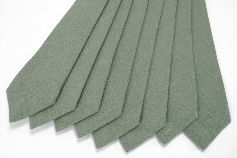 Eukalyptus grüne Krawatte, Fliege, Einstecktuch / Hosenträger, Manschettenknöpfe aus naturfarbenem Leinenstoff Eukalyptus / Krawatte für Erwachsene Bild 3