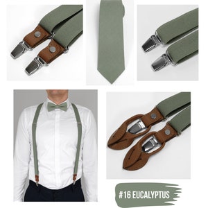 Eucalyptus green elastic suspenders linen bow tie, pocket square, sage green necktie with suspenders, adult size green suspenders set image 9