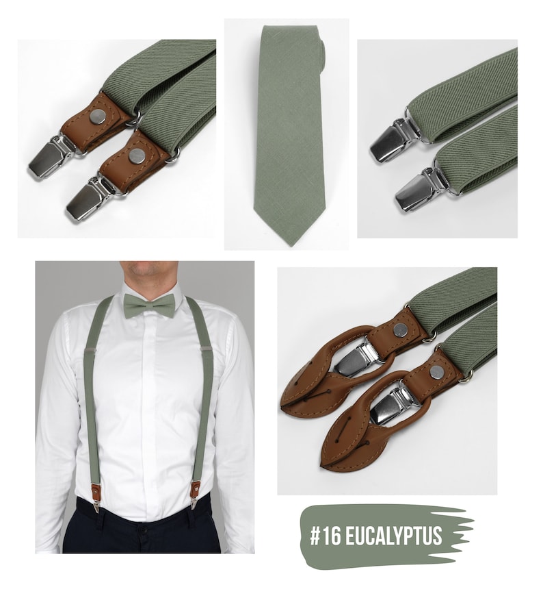 Eucalyptus green elastic suspenders linen bow tie, pocket square, sage green necktie with suspenders, adult size green suspenders set image 9