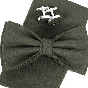 Forest Dark Green bow tie, Linen pocket square, dark green color Men&#39;s bow tie , Boy&#39;s bow tie , Bowtie for men, bow tie, cufflinks