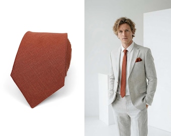 Dark Terracotta Linen Necktie and Pocket Square Set, Wedding Groomsmen
