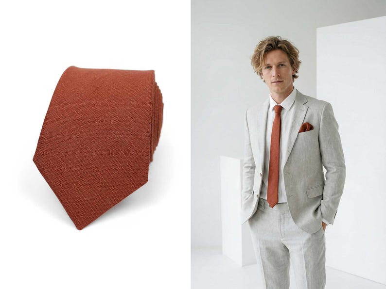 Dark Terracotta Linen Necktie and Pocket Square Set, Wedding Groomsmen