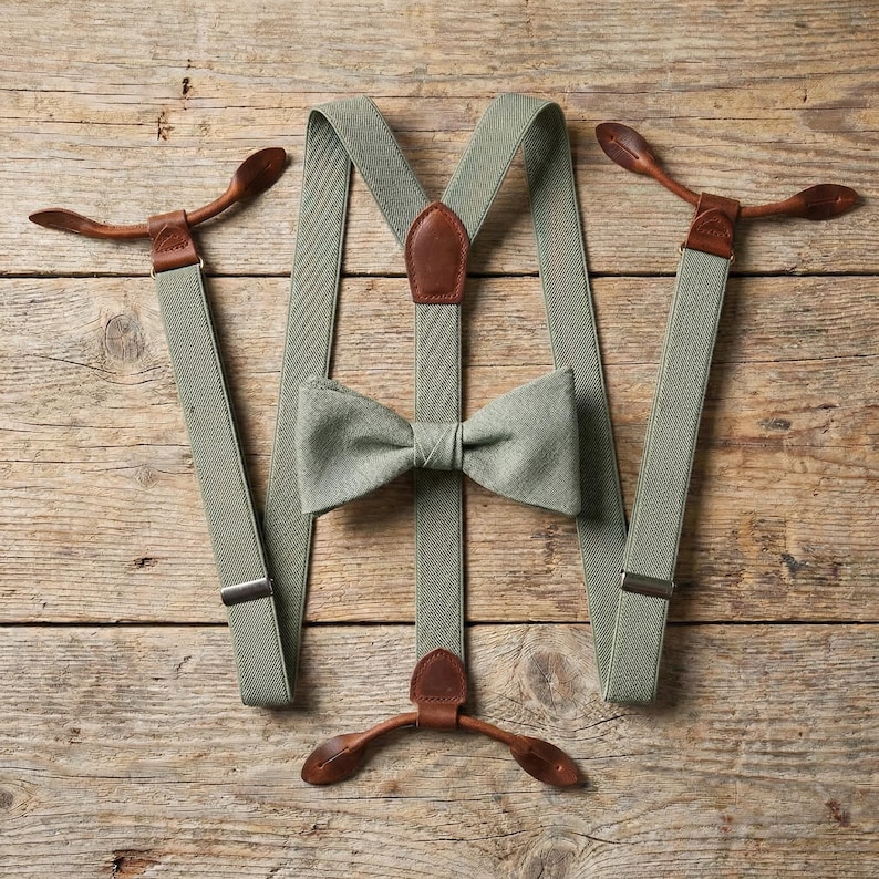 Eucalyptus Green Buttons Elastic Suspenders Linen Pretied Bow Tie