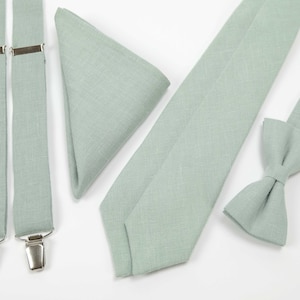 Corbata verde salvia claro, tirantes, pajarita, pañuelo de bolsillo para boda/corbata regular, corbata delgada Tirantes de tamaño de niño y adulto imagen 1