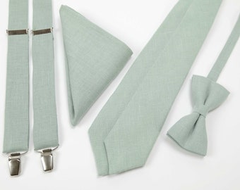 Helle Salbeigrüne Krawatte, Hosenträger, Fliege, Einstecktuch für Hochzeit / normale Krawatte, dünne Krawatte - Erwachsene und Jungengröße Hosenträger