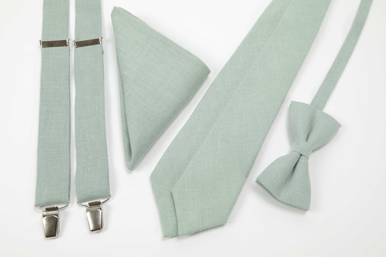 Light Sage Green Necktie, Suspenders, Bow tie, Pocket Square For Wedding / Regular Tie, Skinny Tie's Adult's and Boy's size Suspenders image 1