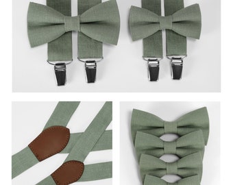 Eucalyptus green bow ties with suspenders made from natural linen fabric completed with genuine leather. Child bow tie, Father & Son