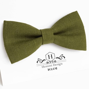 Olive Green Linen Bow Tie For Wedding - Ceremony / Groomsmen bow tie / Men&#39;s bow tie / Boy&#39;s / Toddler&#39;s Dark Green Bow Tie, Pocket square