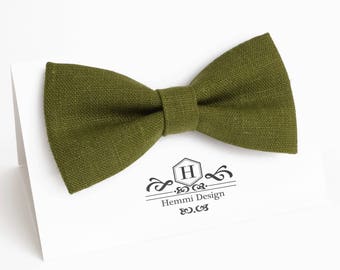 Olive Green Linen Bow Tie For Wedding - Ceremony / Groomsmen bow tie / Men's bow tie / Boy's / Toddler's Dark Green Bow Tie, Pocket square