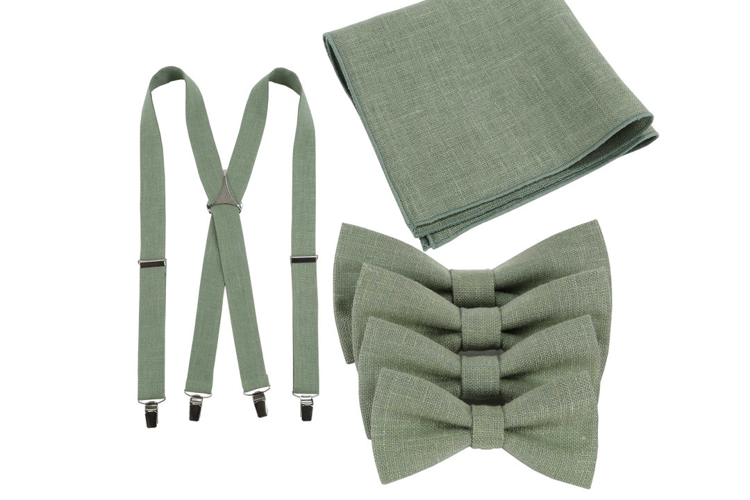 Eucalyptus Linen Bow Ties With Suspenders and Pocket Squares Etsy