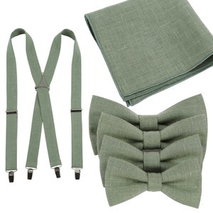 Eucalyptus Linen Bow Ties with Suspenders and Pocket Squares All Sizes: Men's, Boys', Toddlers' Bow Ties Sage Green bow tie Handkerchief zdjęcie 1