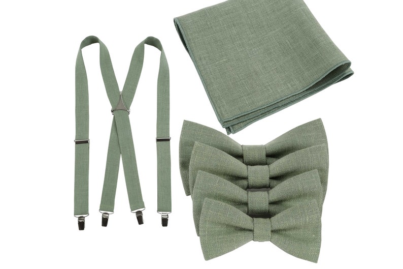 Eucalyptus Linen Bow Ties with Suspenders and Pocket Squares All Sizes: Men's, Boys', Toddlers' Bow Ties Sage Green bow tie Handkerchief zdjęcie 1