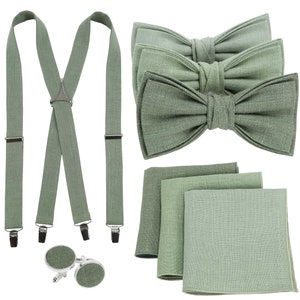 Sage Green Color Bow ties, Suspenders, Handkerchief, cufflinks - Groomsmen set for Themed Sage Wedding / Eucalyptus green bow tie
