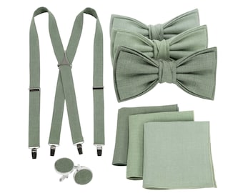 Sage Green Color Bow ties, Suspenders, Handkerchief, cufflinks - Groomsmen set for Themed Sage Wedding / Eucalyptus green bow tie