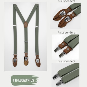 Eucalyptus groene elastische bretels linnen vlinderdas, pochet, saliegroene stropdas met bretels, groene bretelsset voor volwassenen afbeelding 6