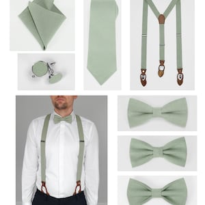 Eukalyptus, Salbeigrün Farbvariante für Leinenfliegen mit passendem Einstecktuch, Krawatten, Hosenträger aus natürlichem Leinenstoff Bild 10