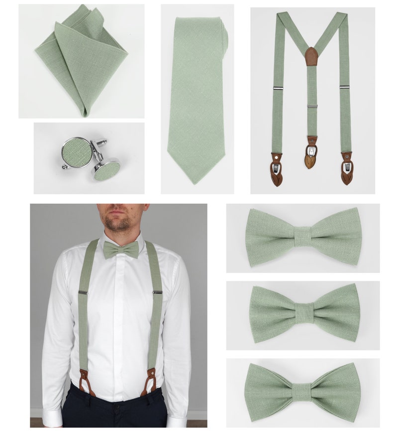 Eucalyptus, variation de couleur vert sauge pour les noeuds papillon en lin avec pochette de costume assortie, cravates, bretelles en lin naturel image 10