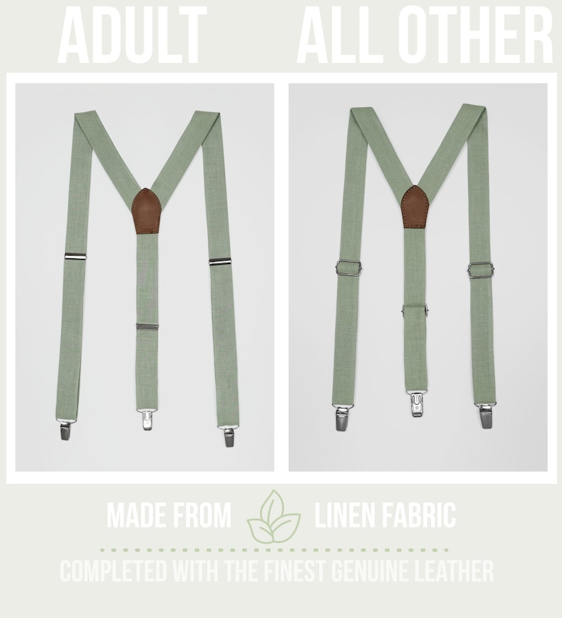 Stylish green linen bow ties, impeccably paired with suspenders, pocket squares, and cufflinks. Available in all sizes. Sage green color tie Adult suspenders