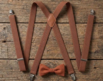 Elastic Brown Suspenders Terracotta Pre-tied Linen Bow Tie Set