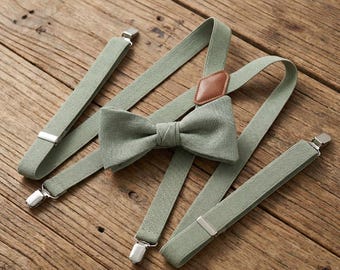 ユーカリグリーンリネンの蝶ネクタイ付き伸縮性サスペンダーセット（結び済み）