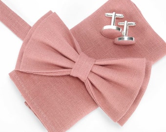 Dusty Pink Linen bow tie, pocket square ,pink color Men's bow tie , Boy's bow tie , Bowtie for men, bow tie, dusty pink color cufflinks