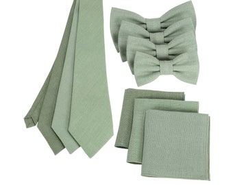 Sage Green Linen Necktie's, Bow tie's, Handkerchief - Eucalyptus Bow tie For Men, Boy Toddler size bow ties in light sage color