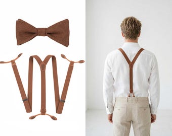 Men’s Brown Button Suspenders & Linen Bow Tie Set | Sizes S, M, L, XL