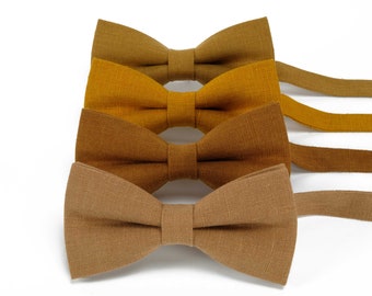 Mustard, sand, camel color variation for linen bow ties with matching pocket square, neckties, suspenders made from natural linen fabric