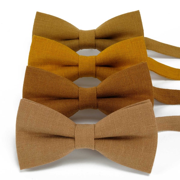 Mustard, sand, camel color variation for linen bow ties with matching pocket square, neckties, suspenders made from natural linen fabric