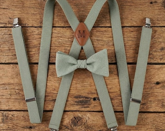 Personalized Suspenders Eucalyptus Green Linen Bow Tie Set