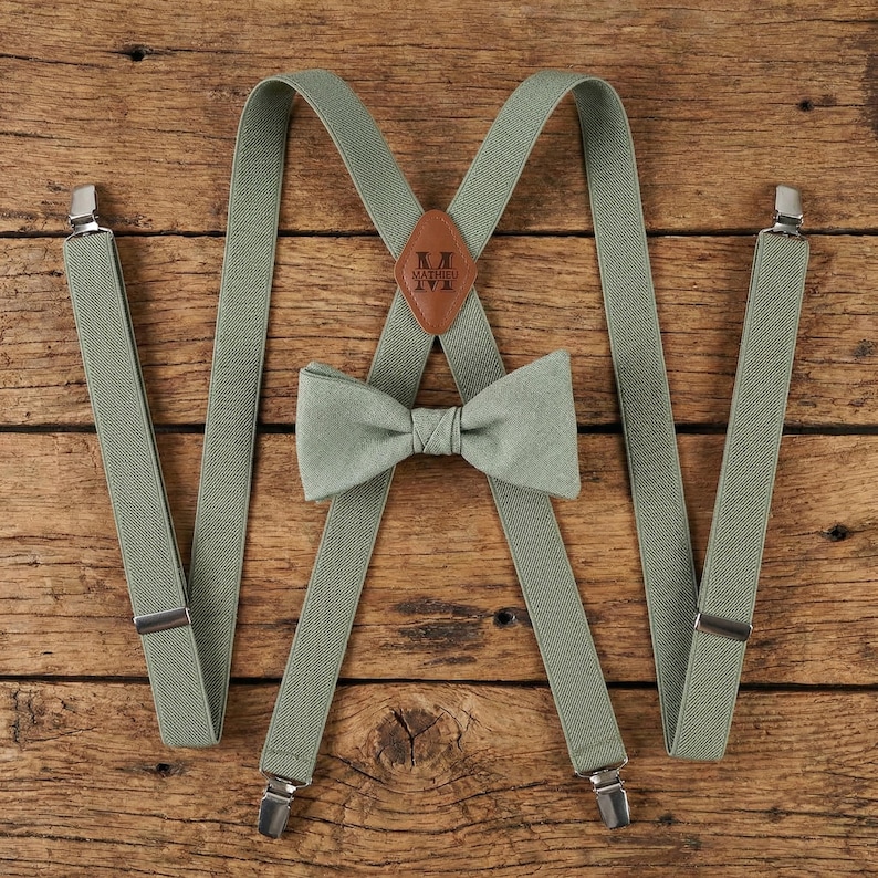 Personalized Suspenders Eucalyptus Green Linen Bow Tie Set