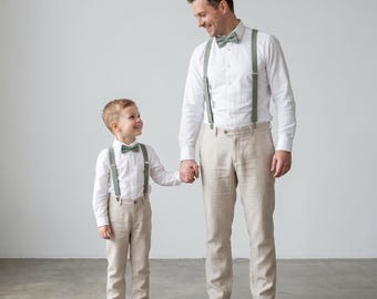 Suspenders Bow Tie Set 25mm For Father, Son Eucalyptus Color