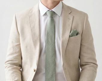 Grüne Leinenkrawatte | Rustikale Hochzeitskrawatte für Trauzeugen und Bräutigam