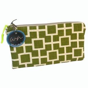 Green Upholstery Fabric Zipper Pouch •  Handmade Bag with Pull Tab • Modern Geometric Squares