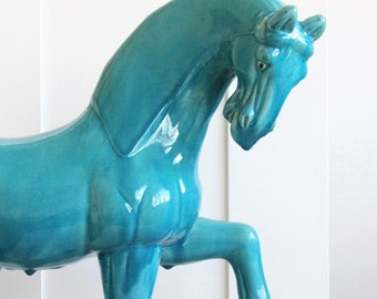 Vintage Chinese Terracotta Horse Sculpture Turquoise Mid Century Modern Hollywood Regency Chic Figure Figurine Statue