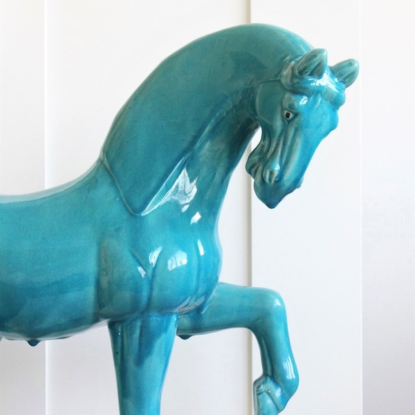 vintage chinois en terre cuite Sculpture de cheval turquoise milieu du siècle moderne Hollywood Regency Chic figure figurine statue