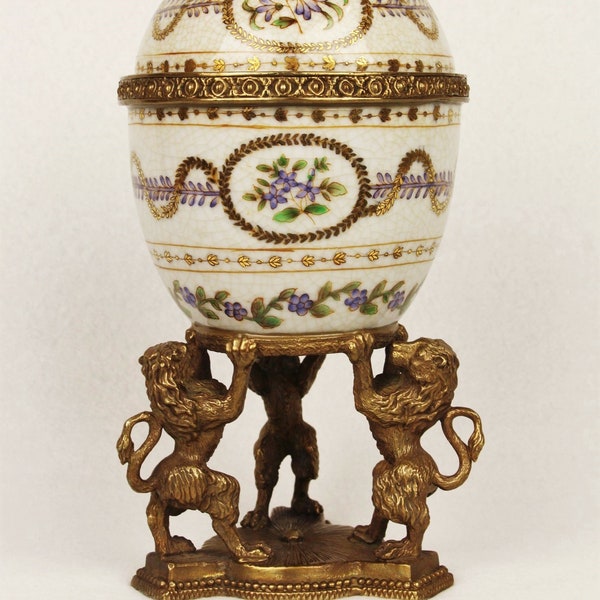 Faberge style Egg Goblet in Porcelain and Bronze Jewelry Trinket Box Casket Romantic Flowers Garlands