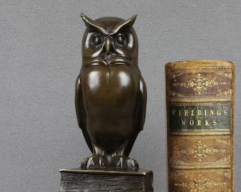 Bronze Sculpture Wise Owl Art Deco style Statue figure Animal figurine Artwork Wisdom Gift Idea Study Books Library