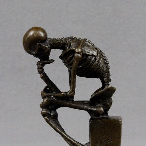 Sculpture en bronze squelette penseur figure Rodin statue figurine philosophie méditation anatomie macabre walking dead mort homme idée cadeau