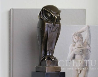 Bronze Sculpture Owl on Marble Base Art Deco style statue figurine Animal figure Bauhaus Artwork Cubism