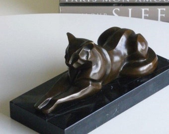 Bronze Sculpture Panther in Art Deco style Jaguar Lion Lioness on Marble Base Tiger Cat Figure Figurine
