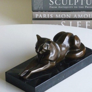 Bronze Sculpture Panther in Art Deco style Jaguar Lion Lioness on Marble Base Tiger Cat Figure Figurine